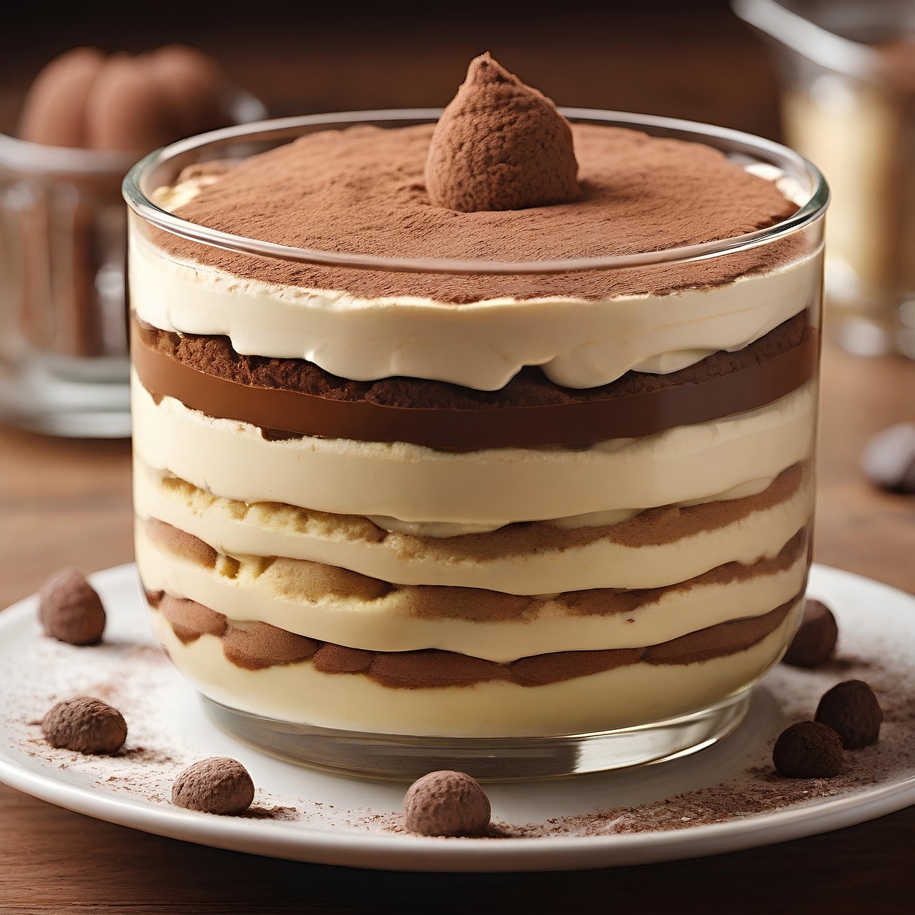 Immagine di un tiramisù decorato con cacao e caffè, accompagnato da uova e strumenti per la pastorizzazione.