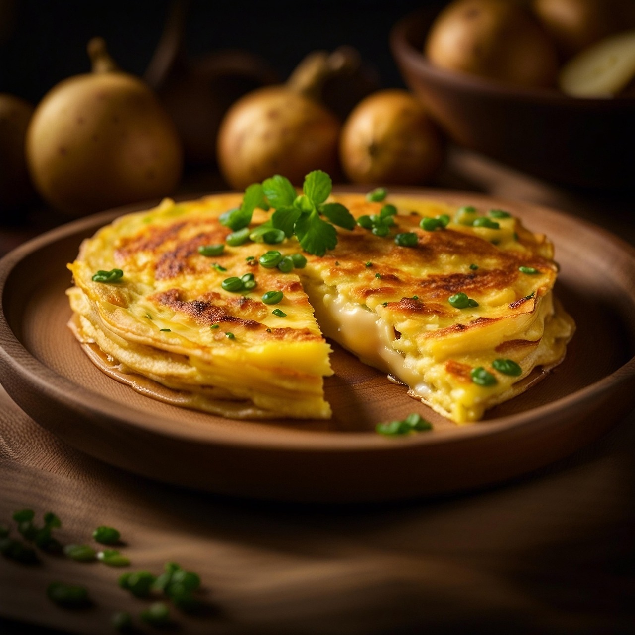 Frittata di patate dorata e soffice su un piatto, pronta da servire.